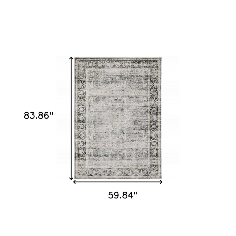 5' X 7' Charcoal Grey Salmon And Ivory Oriental Printed Stain Resistant Non Skid Area Rug - Homeroots - Flyclothing LLC