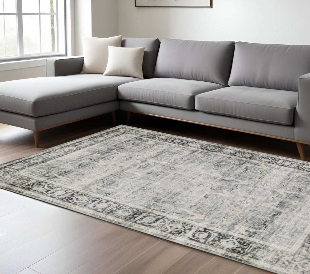 7' X 10' Charcoal Grey Salmon And Ivory Oriental Printed Stain Resistant Non Skid Area Rug - Homeroots - Flyclothing LLC