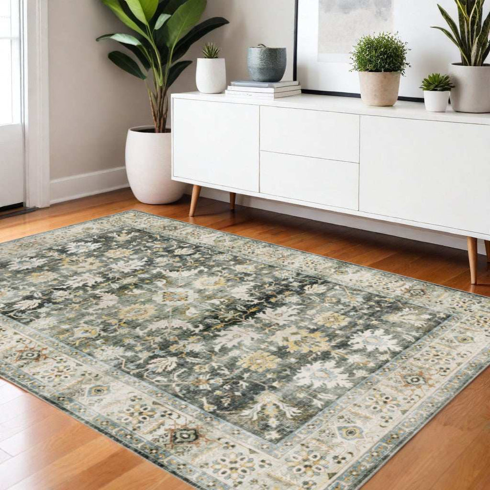 4' X 6' Grey Charcoal Gold Brown Ivory Pale Sage And Light Blue Oriental Printed Stain Resistant Non Skid Area Rug - Homeroots - Flyclothing LLC