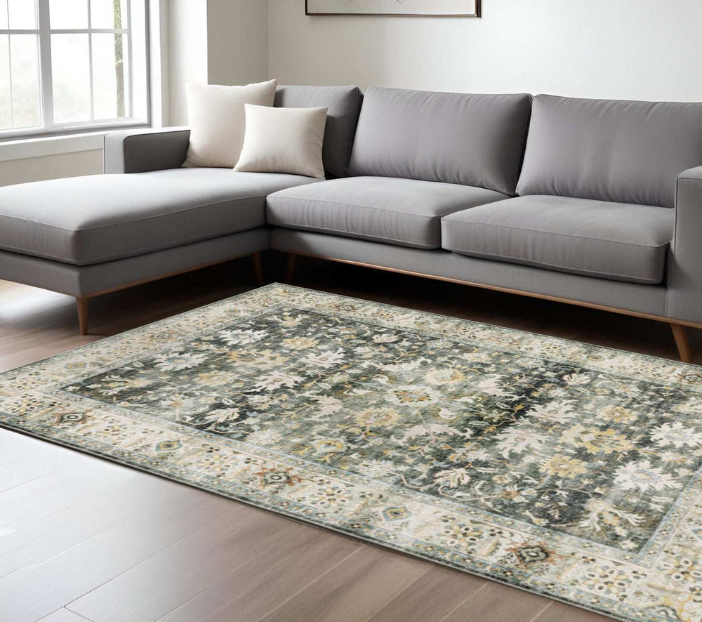 7' X 10' Grey Charcoal Gold Brown Ivory Pale Sage And Light Blue Oriental Printed Stain Resistant Non Skid Area Rug - Homeroots - Flyclothing LLC