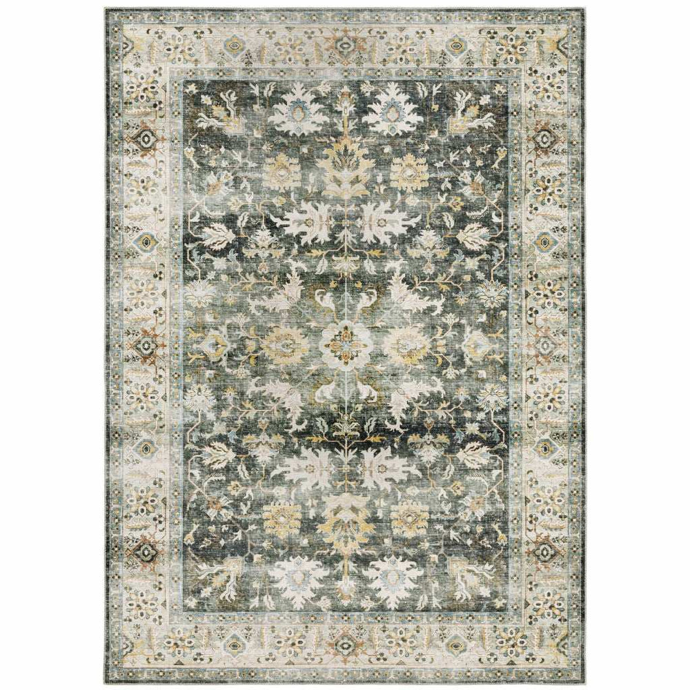 7' X 10' Grey Charcoal Gold Brown Ivory Pale Sage And Light Blue Oriental Printed Stain Resistant Non Skid Area Rug - Homeroots - Flyclothing LLC