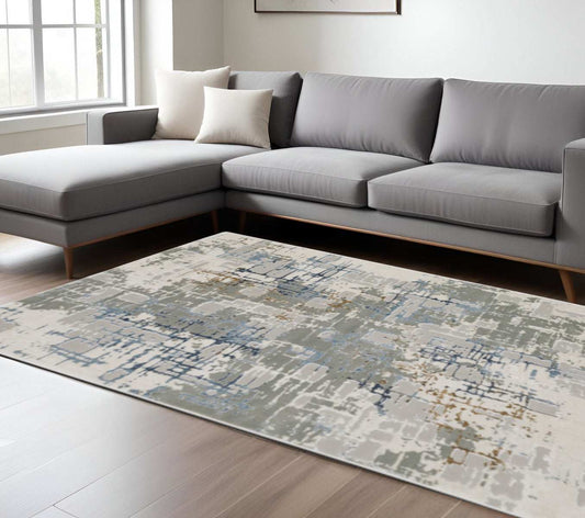 8' X 11' Grey Blue Brown Ivory And Deep Blue Abstract Power Loom Stain Resistant Area Rug - Homeroots - Flyclothing LLC