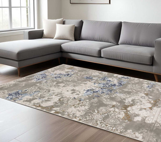 8' X 11' Grey Blue Ivory Brown And Navy Abstract Power Loom Stain Resistant Area Rug - Homeroots - Flyclothing LLC