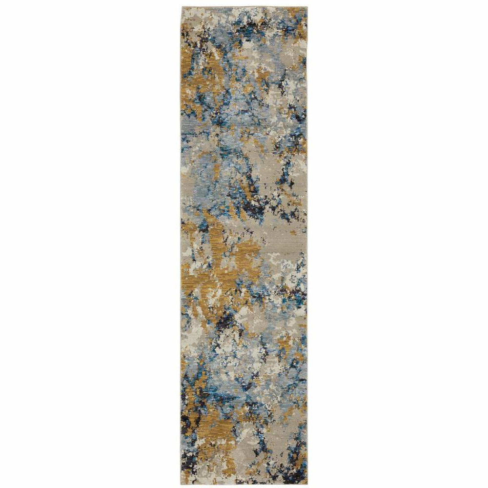 12' Runner Gold Grey and Ivory Abstract Power Loom Runner Rug - Homeroots - Flyclothing LLC