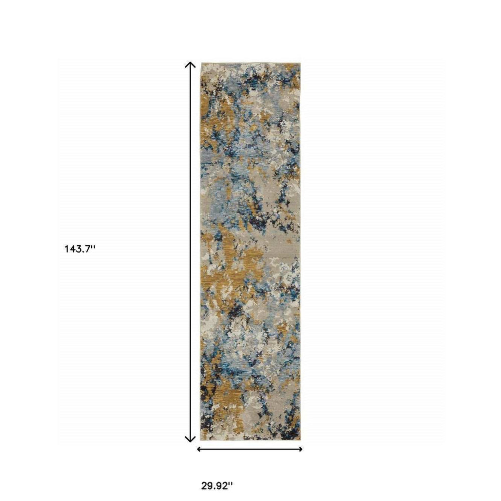 12' Runner Gold Grey and Ivory Abstract Power Loom Runner Rug - Homeroots - Flyclothing LLC