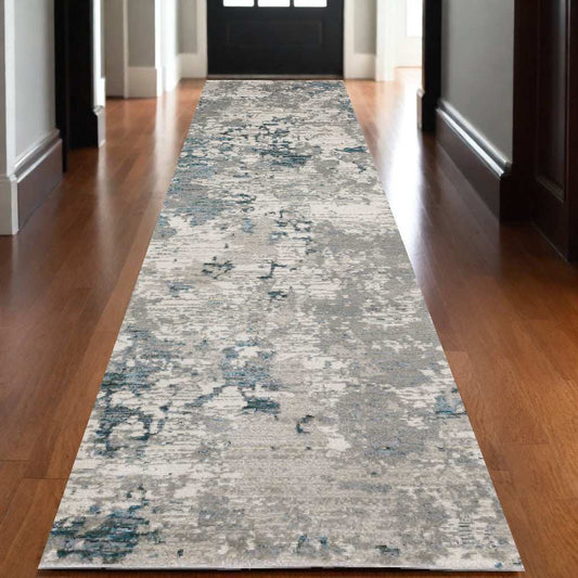 12' Runner Blue Beige and Teal Abstract Power Loom Runner Rug - Homeroots - Flyclothing LLC