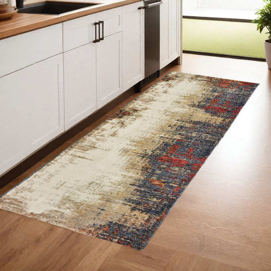 8' Runner Blue and Beige Abstract Power Loom Runner Rug - Homeroots - Flyclothing LLC