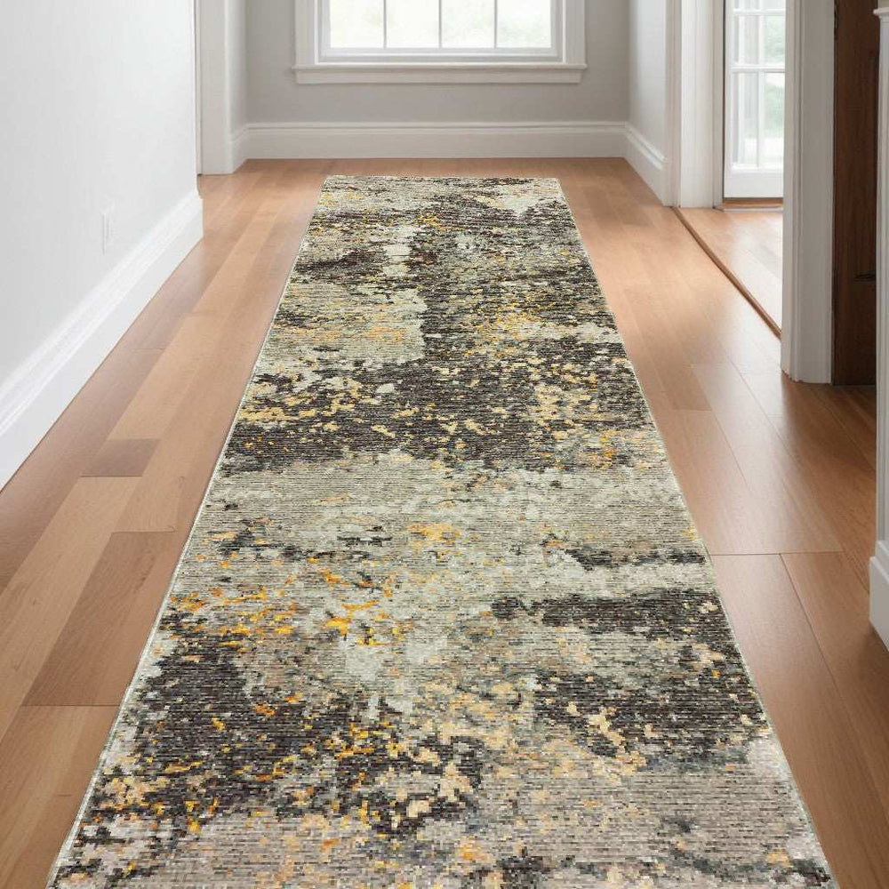 12' Runner Grey and Gold Abstract Power Loom Runner Rug - Homeroots - Flyclothing LLC