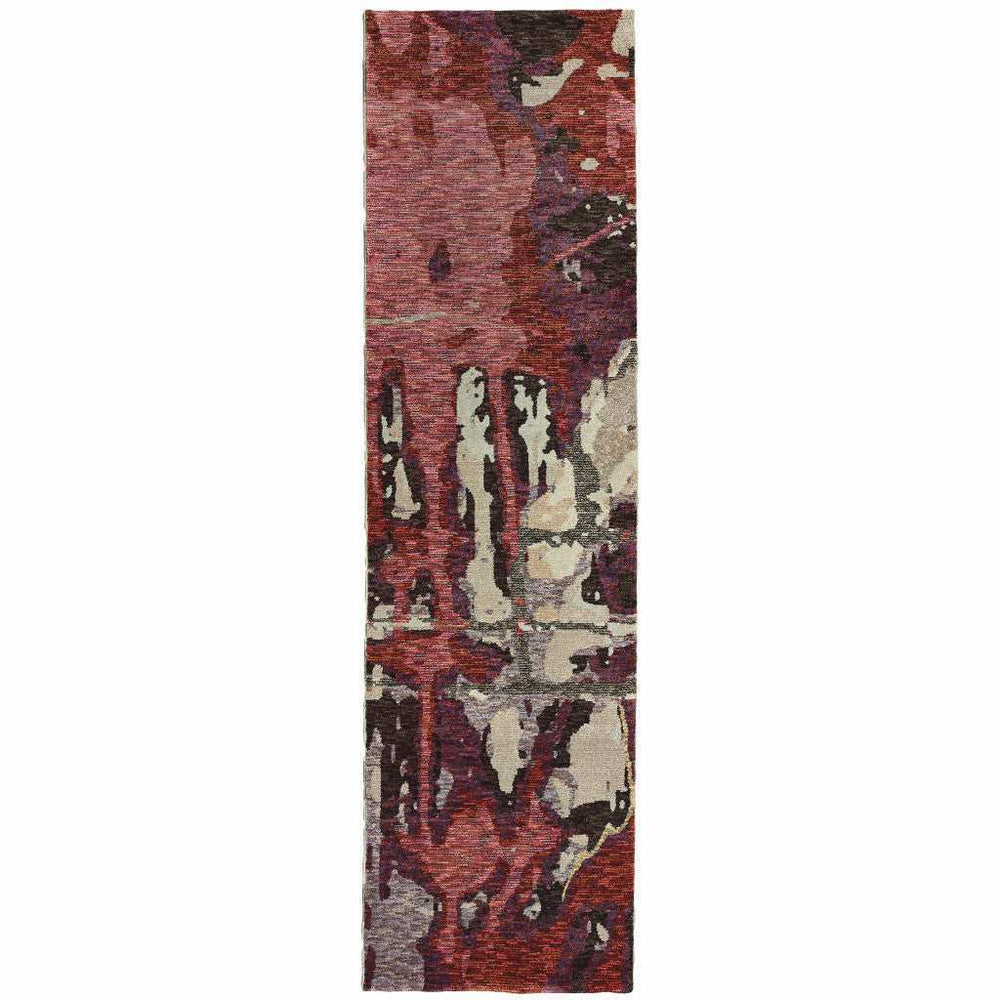 12' Runner Red and Beige Abstract Power Loom Runner Rug - Homeroots - Flyclothing LLC