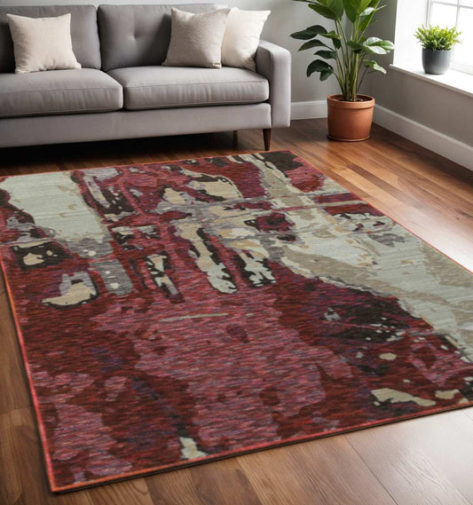 5' X 7' Red and Beige Abstract Power Loom Area Rug - Homeroots - Flyclothing LLC