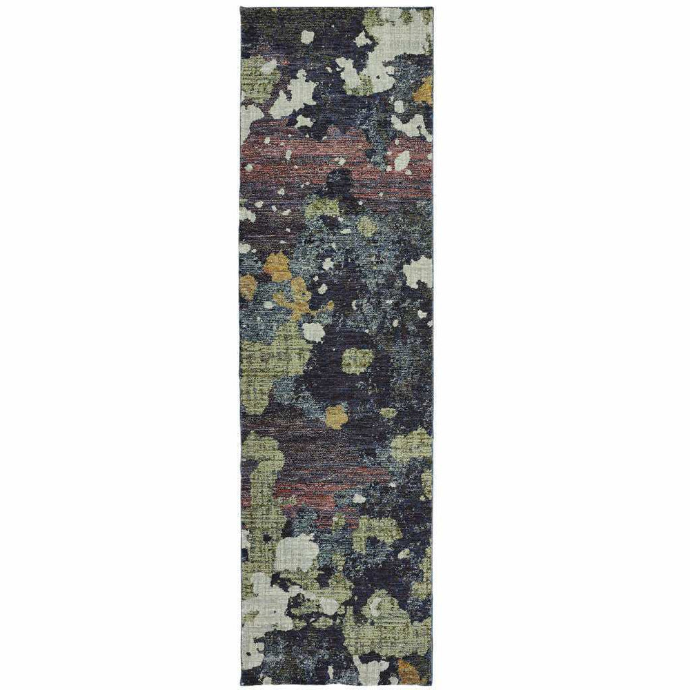 12' Runner Navy and Green Abstract Power Loom Runner Rug - Homeroots - Flyclothing LLC
