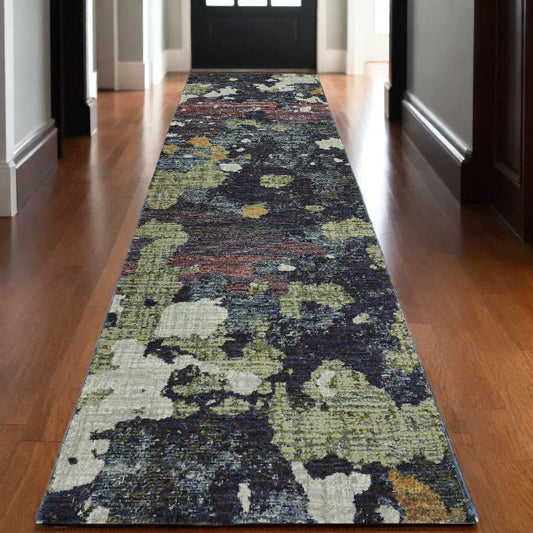 12' Runner Navy and Green Abstract Power Loom Runner Rug - Homeroots - Flyclothing LLC