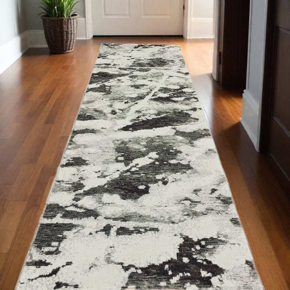 12' Runner Charcoal and White Abstract Power Loom Runner Rug - Homeroots - Flyclothing LLC