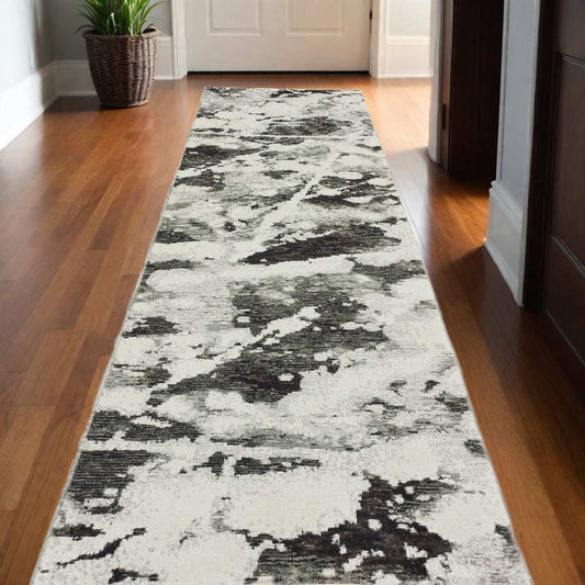12' Runner Charcoal and White Abstract Power Loom Runner Rug - Homeroots - Flyclothing LLC