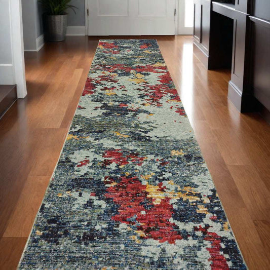 12' Runner Blue and Red Abstract Power Loom Runner Rug - Homeroots - Flyclothing LLC