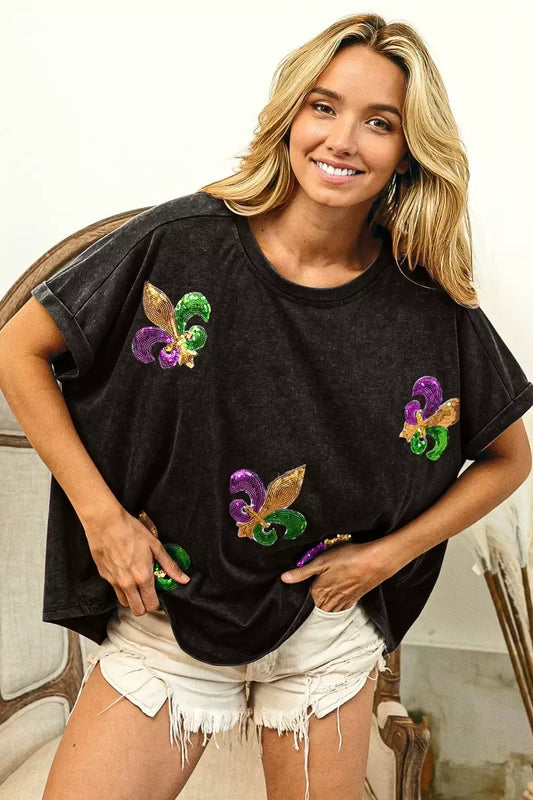 BiBi Fleur De Lis Sequin Patches Mardi Gras Sleeve Top - Trendsi - Flyclothing LLC