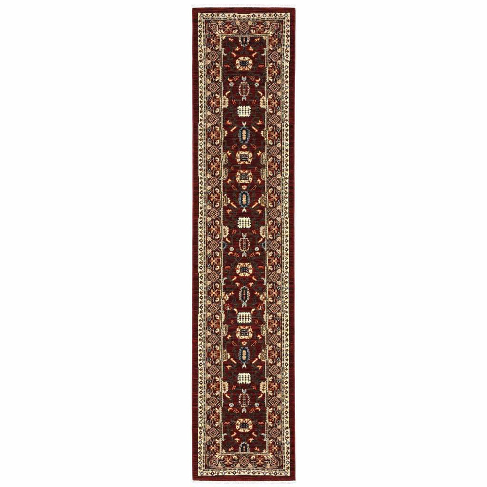 2' X 10' Red And Ivory Oriental Power Loom Runner Rug With Fringe - Homeroots - Flyclothing LLC