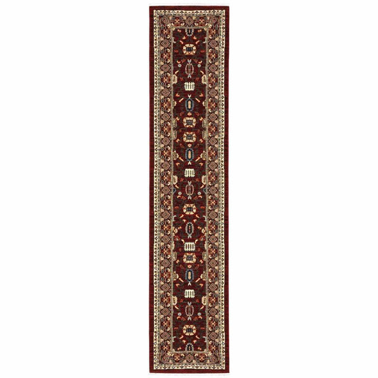 2' X 10' Red And Ivory Oriental Power Loom Runner Rug With Fringe - Homeroots - Flyclothing LLC