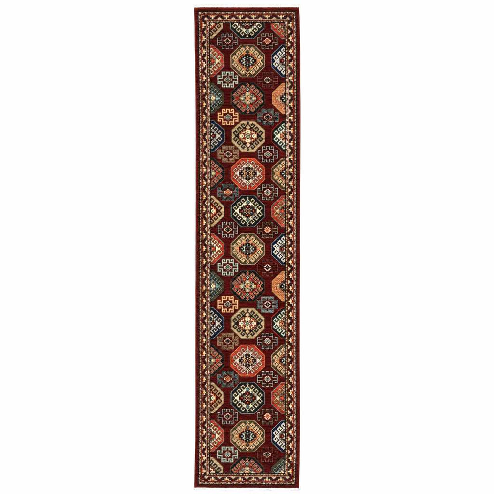 2' X 10' Red And Ivory Oriental Power Loom Runner Rug With Fringe - Homeroots - Flyclothing LLC