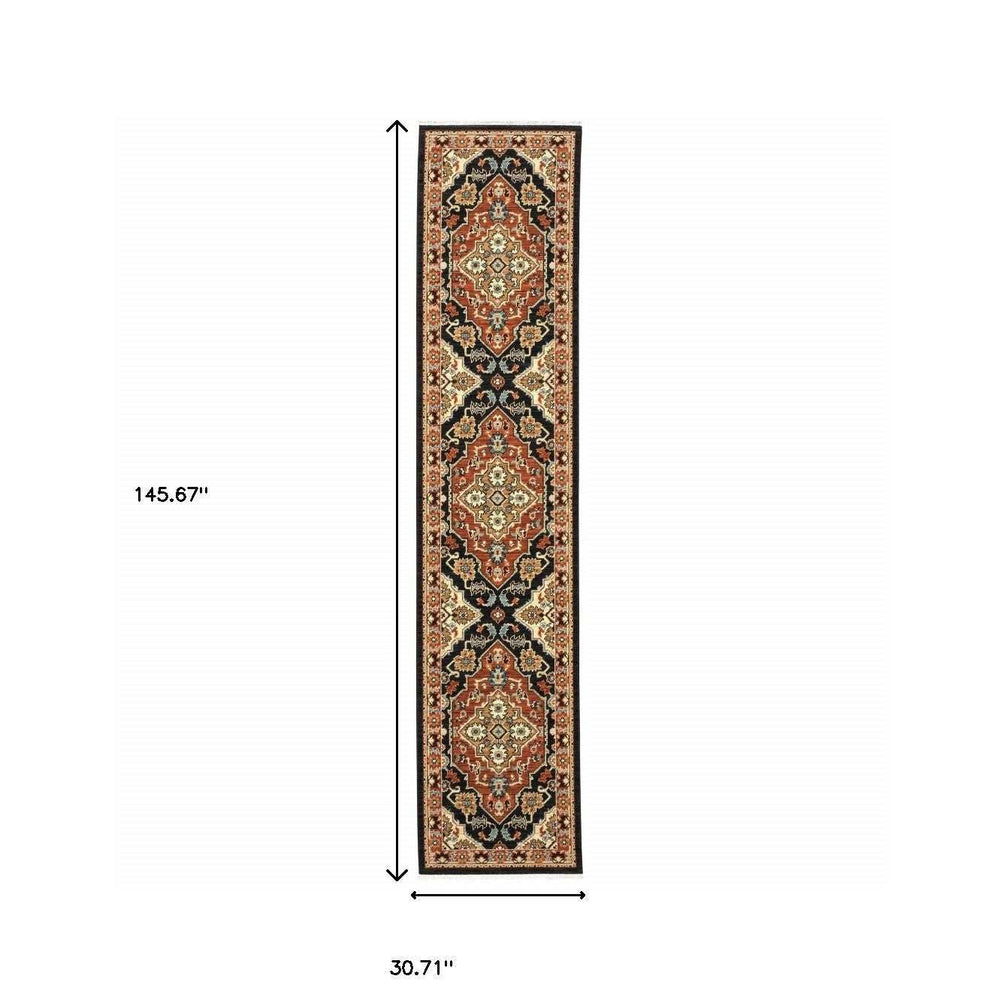 12' Red And Black Oriental Power Loom Runner Rug With Fringe - Homeroots - Flyclothing LLC