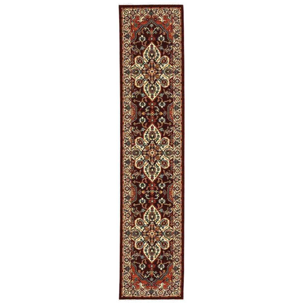 2' X 10' Red And Ivory Oriental Power Loom Runner Rug With Fringe - Homeroots - Flyclothing LLC