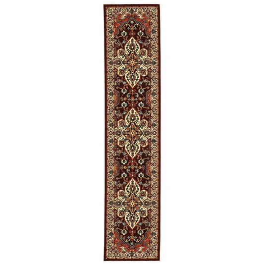 2' X 10' Red And Ivory Oriental Power Loom Runner Rug With Fringe - Homeroots - Flyclothing LLC