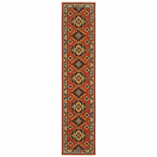12' Red Gold Blue Brown Oriental Power Loom Runner Rug With Fringe - Homeroots - Flyclothing LLC