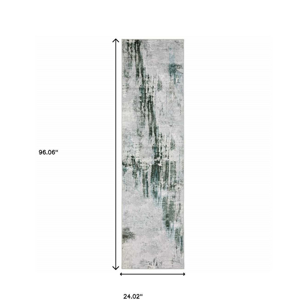2' X 8' Silver Grey Teal Blue And Charcoal Abstract Printed Stain Resistant Non Skid Runner Rug - Homeroots - Flyclothing LLC