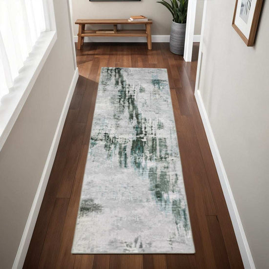 2' X 8' Silver Grey Teal Blue And Charcoal Abstract Printed Stain Resistant Non Skid Runner Rug - Homeroots - Flyclothing LLC
