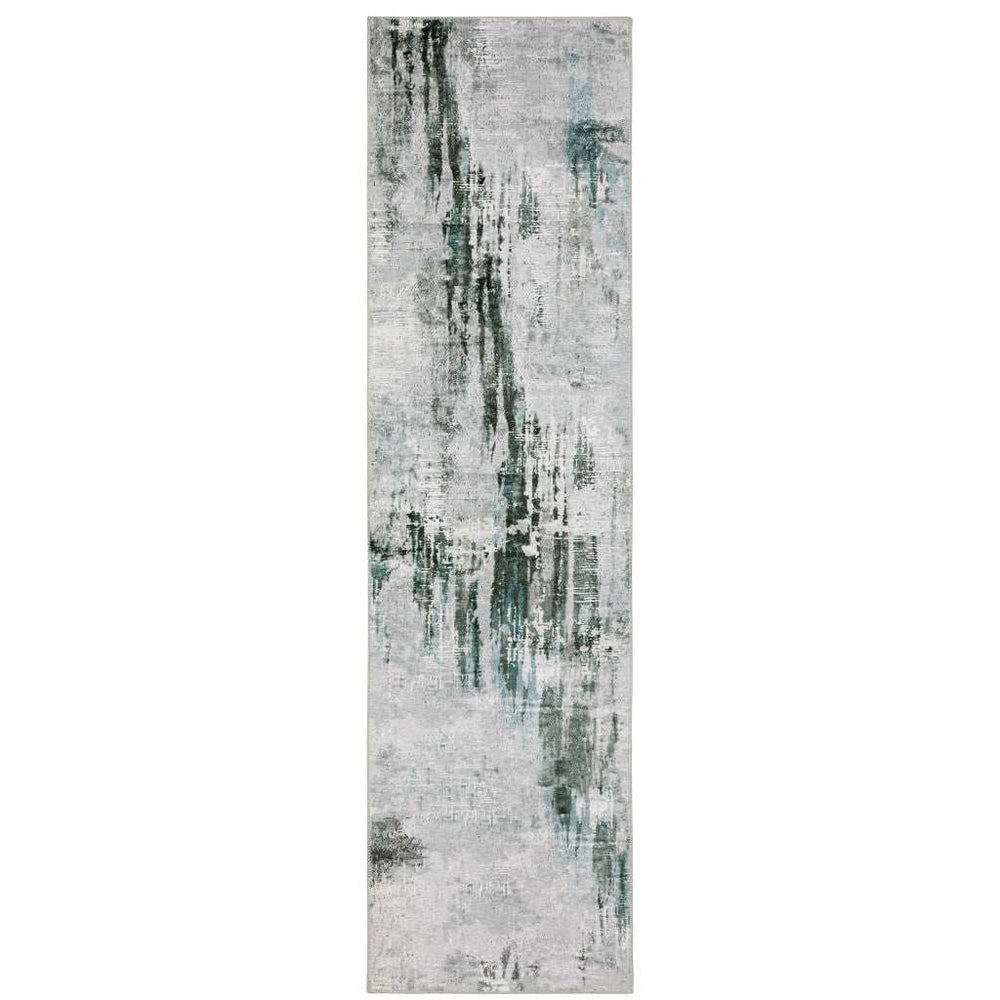 2' X 8' Silver Grey Teal Blue And Charcoal Abstract Printed Stain Resistant Non Skid Runner Rug - Homeroots - Flyclothing LLC