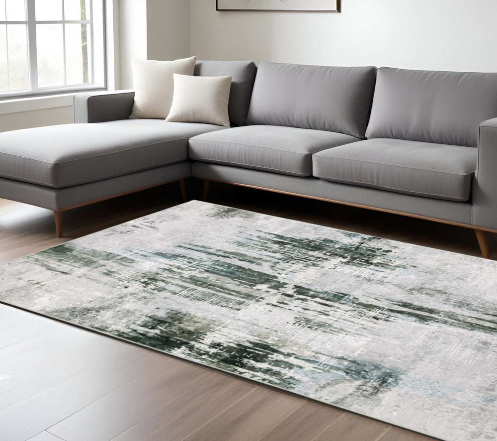 8' X 10' Silver Grey Teal Blue And Charcoal Abstract Printed Stain Resistant Non Skid Area Rug - Homeroots - Flyclothing LLC
