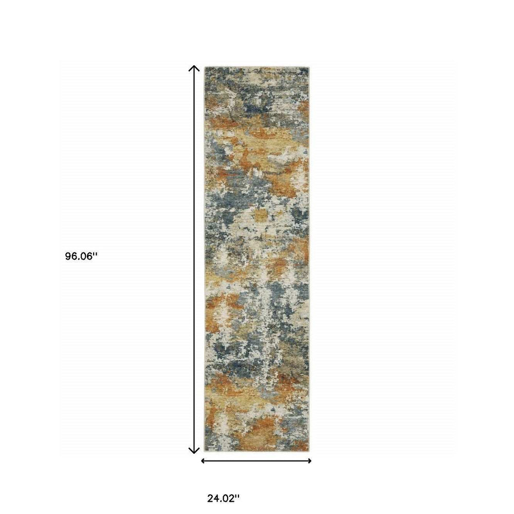 2' X 8' Teal Blue Orange Gold Grey Tan Brown And Beige Abstract Printed Stain Resistant Non Skid Runner Rug - Homeroots - Flyclothing LLC