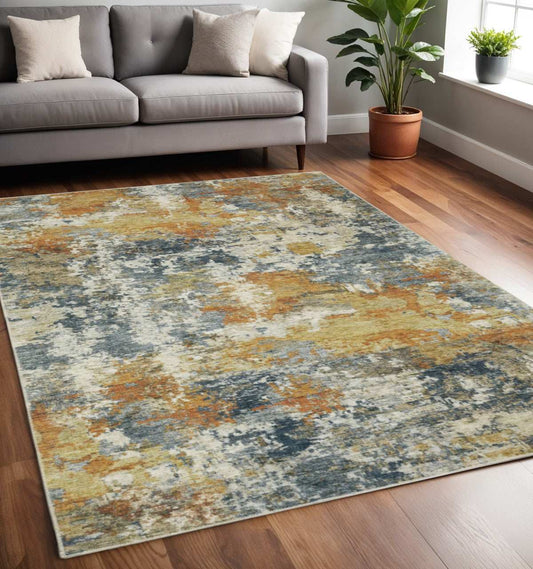 5' X 7' Teal Blue Orange Gold Grey Tan Brown And Beige Abstract Printed Stain Resistant Non Skid Area Rug - Homeroots - Flyclothing LLC