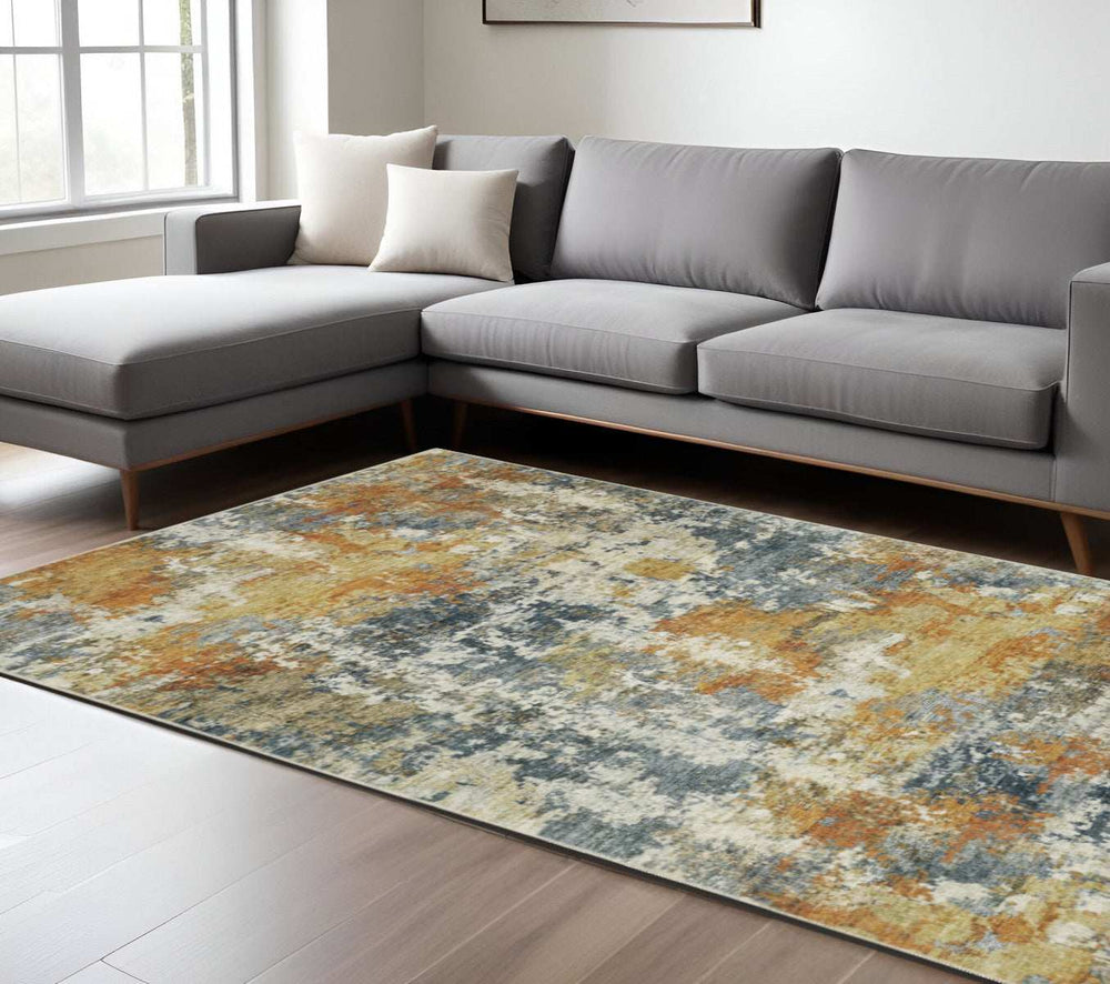 8' X 10' Teal Blue Orange Gold Grey Tan Brown And Beige Abstract Printed Stain Resistant Non Skid Area Rug - Homeroots - Flyclothing LLC