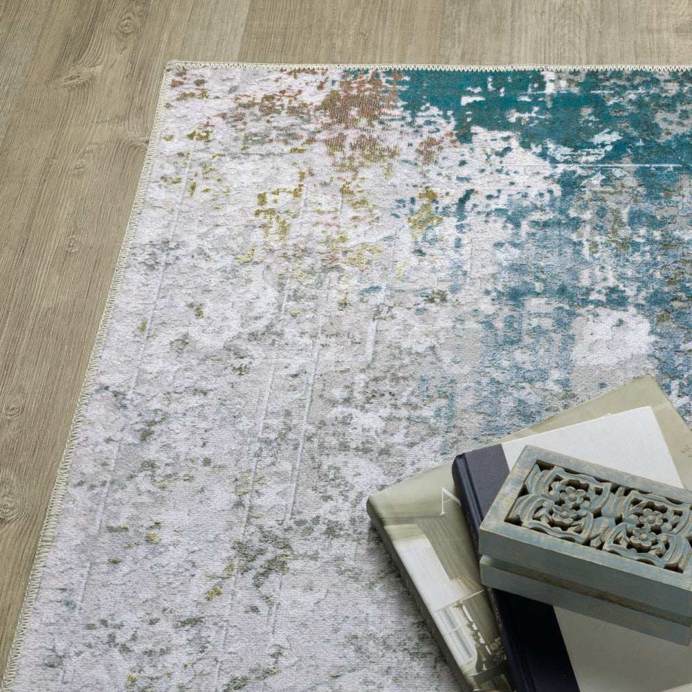 2' X 8' Ivory And Blue Abstract Printed Stain Resistant Non Skid Runner Rug - Homeroots - Flyclothing LLC
