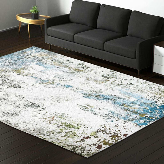 5' X 7' Ivory Teal Blue Grey Brown And Gold Abstract Printed Stain Resistant Non Skid Area Rug - Homeroots - Flyclothing LLC
