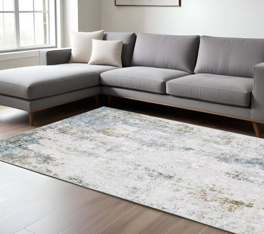 8' X 10' Ivory Teal Blue Grey Brown And Gold Abstract Printed Stain Resistant Non Skid Area Rug - Homeroots - Flyclothing LLC
