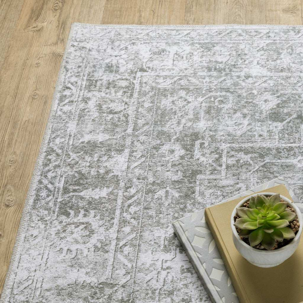 2' X 3' Sage Green Grey Ivory And Silver Oriental Printed Stain Resistant Non Skid Area Rug - Homeroots - Flyclothing LLC