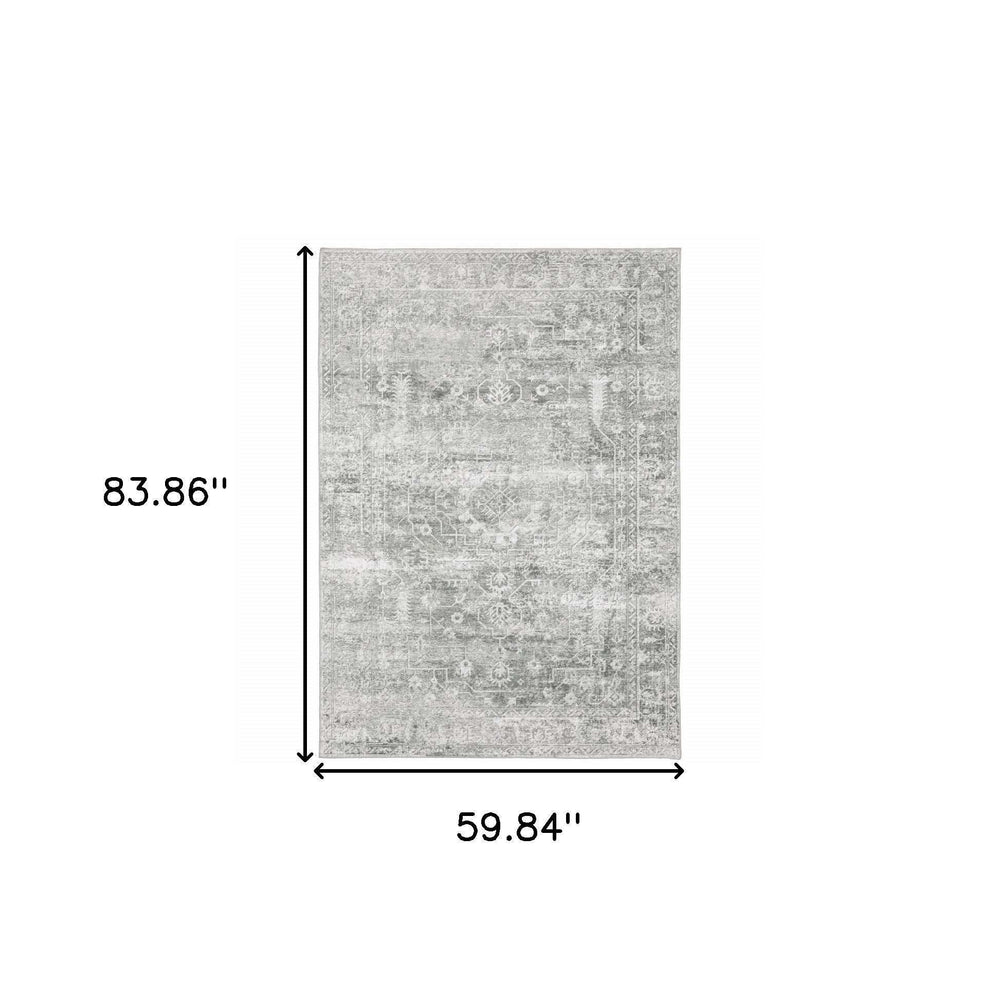 5' X 7' Sage Green Grey Ivory And Silver Oriental Printed Stain Resistant Non Skid Area Rug - Homeroots - Flyclothing LLC