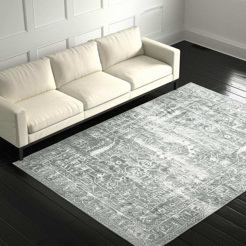 5' X 7' Sage Green Grey Ivory And Silver Oriental Printed Stain Resistant Non Skid Area Rug - Homeroots - Flyclothing LLC