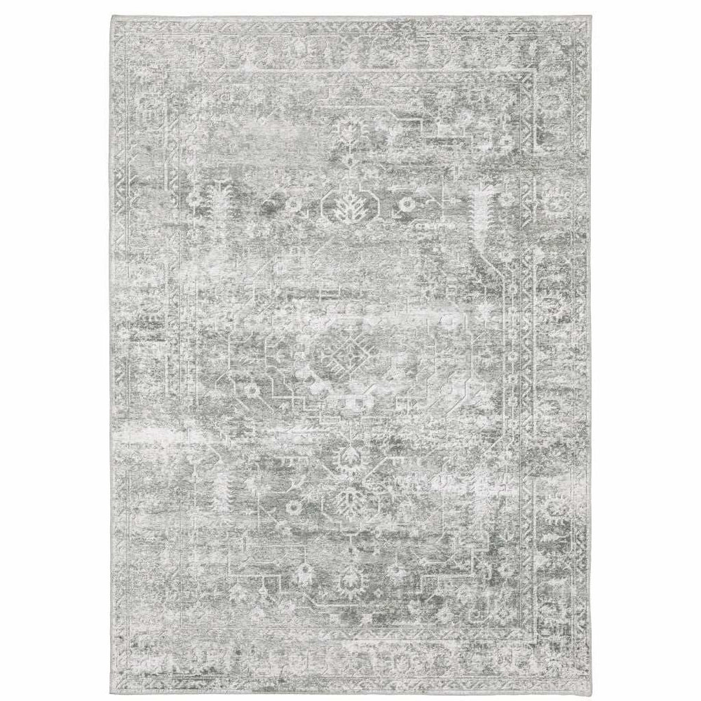 5' X 7' Sage Green Grey Ivory And Silver Oriental Printed Stain Resistant Non Skid Area Rug - Homeroots - Flyclothing LLC