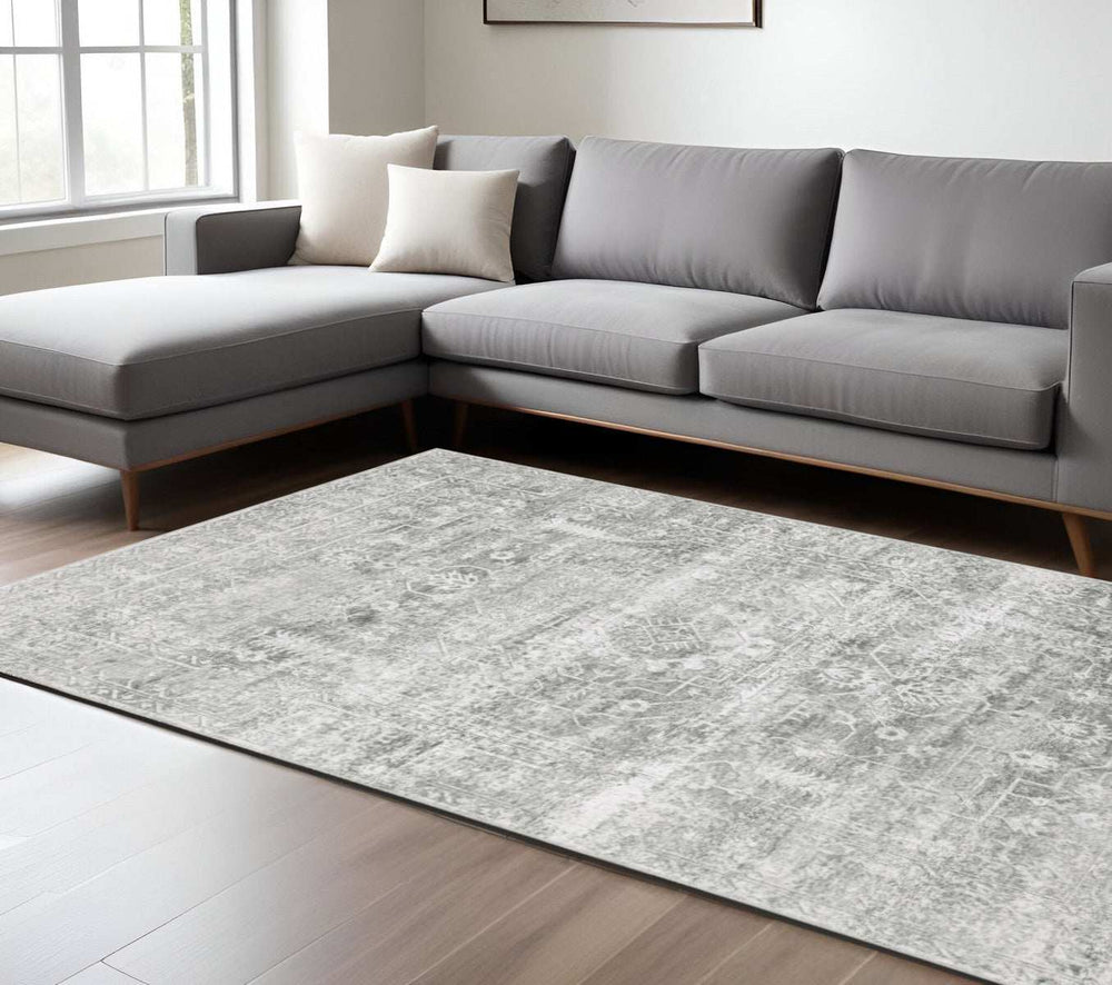 8' X 10' Sage Green Grey Ivory And Silver Oriental Printed Stain Resistant Non Skid Area Rug - Homeroots - Flyclothing LLC