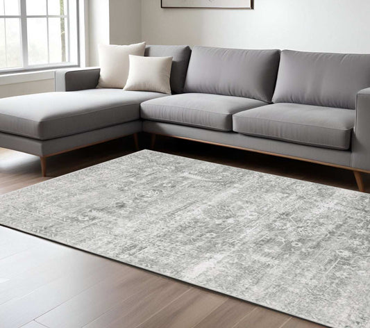 8' X 10' Sage Green Grey Ivory And Silver Oriental Printed Stain Resistant Non Skid Area Rug - Homeroots - Flyclothing LLC