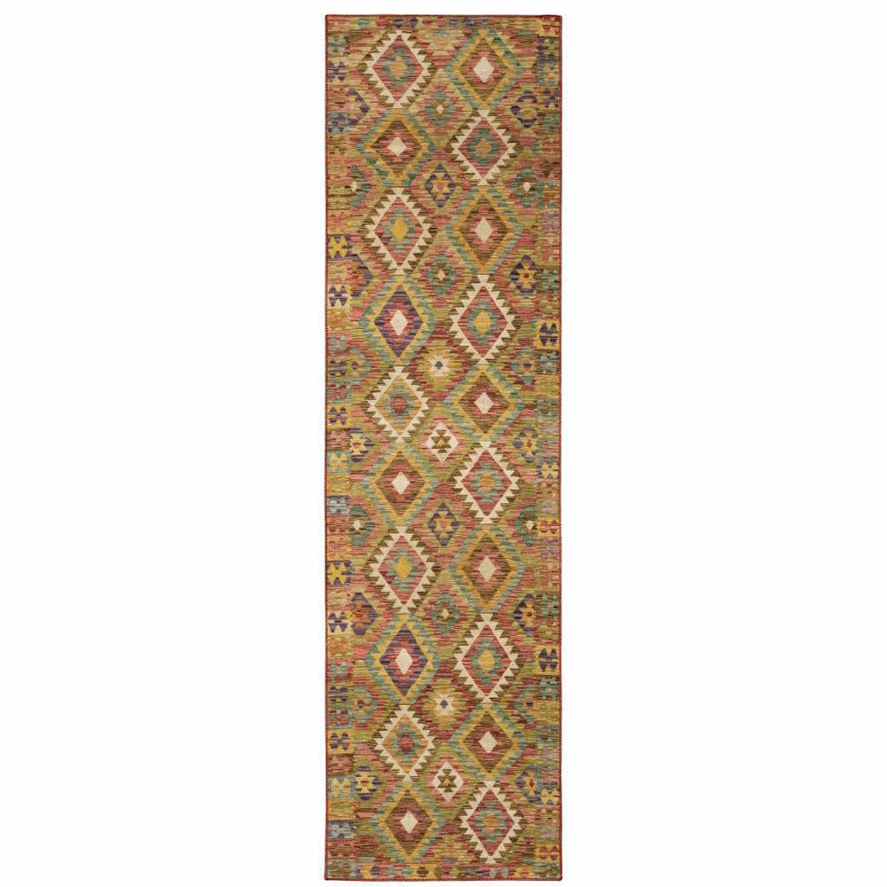 2' X 8' Gold Orange Brown Red Green Purple And Beige Southwestern Printed Stain Resistant Non Skid Runner Rug - Homeroots - Flyclothing LLC