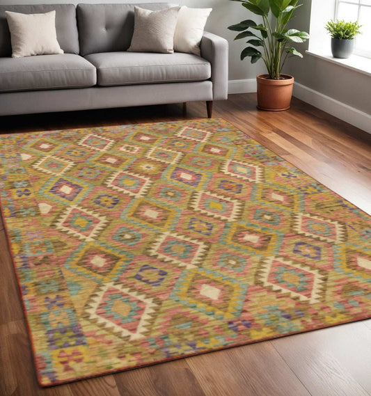 5' X 7' Gold Orange Brown Red Green Purple And Beige Southwestern Printed Stain Resistant Non Skid Area Rug - Homeroots - Flyclothing LLC