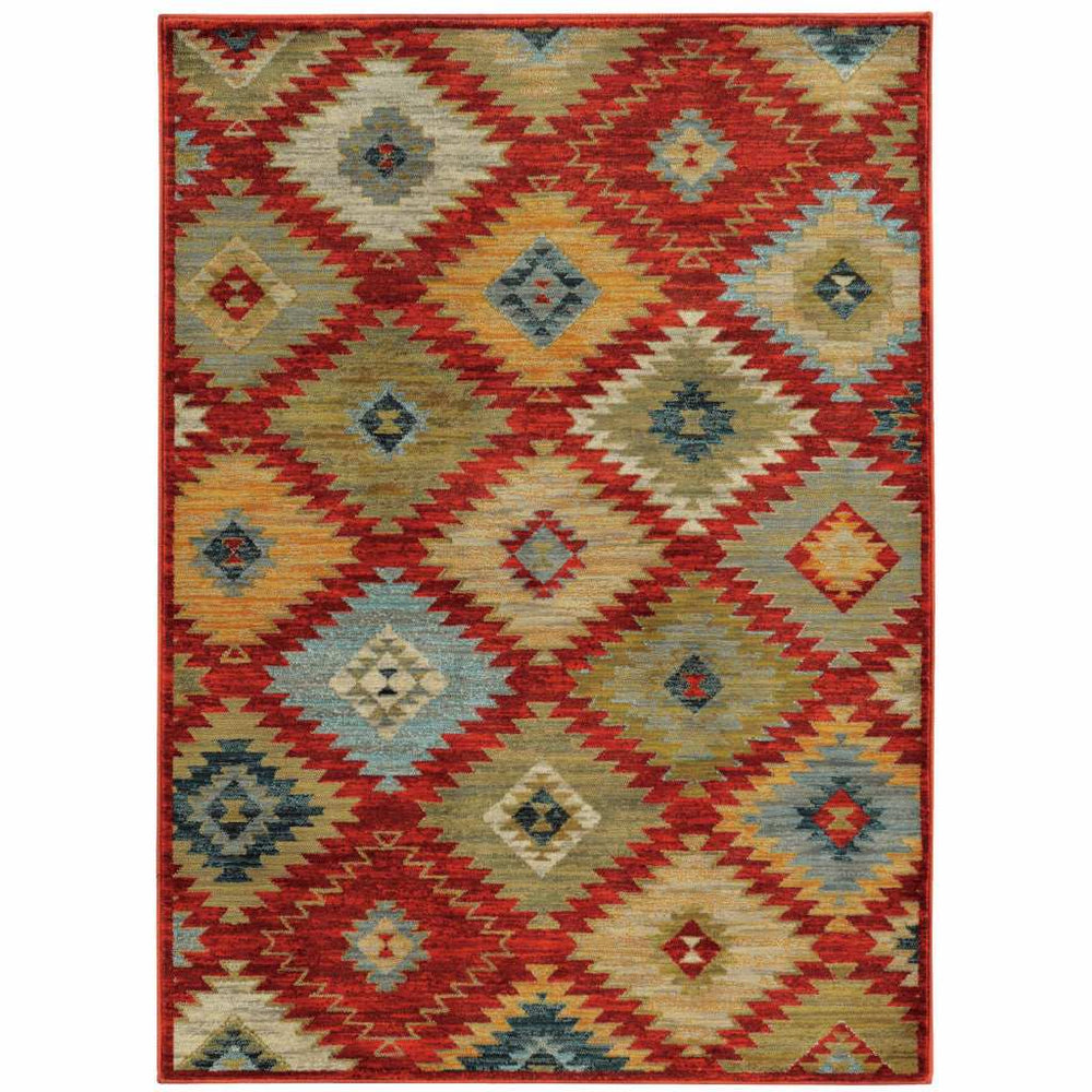 10' X 13' Red Green Gold Blue Teal And Ivory Geometric Power Loom Stain Resistant Area Rug - Homeroots - Flyclothing LLC