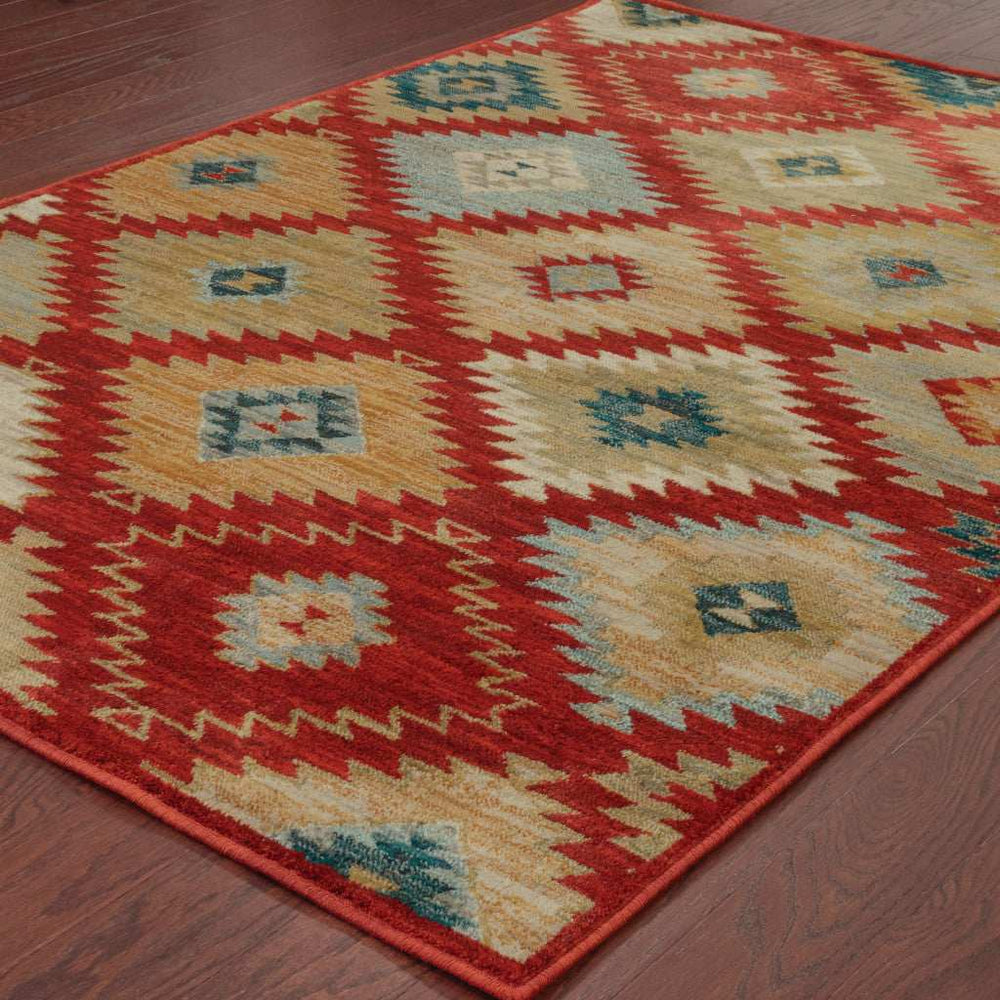 10' X 13' Red Green Gold Blue Teal And Ivory Geometric Power Loom Stain Resistant Area Rug - Homeroots - Flyclothing LLC