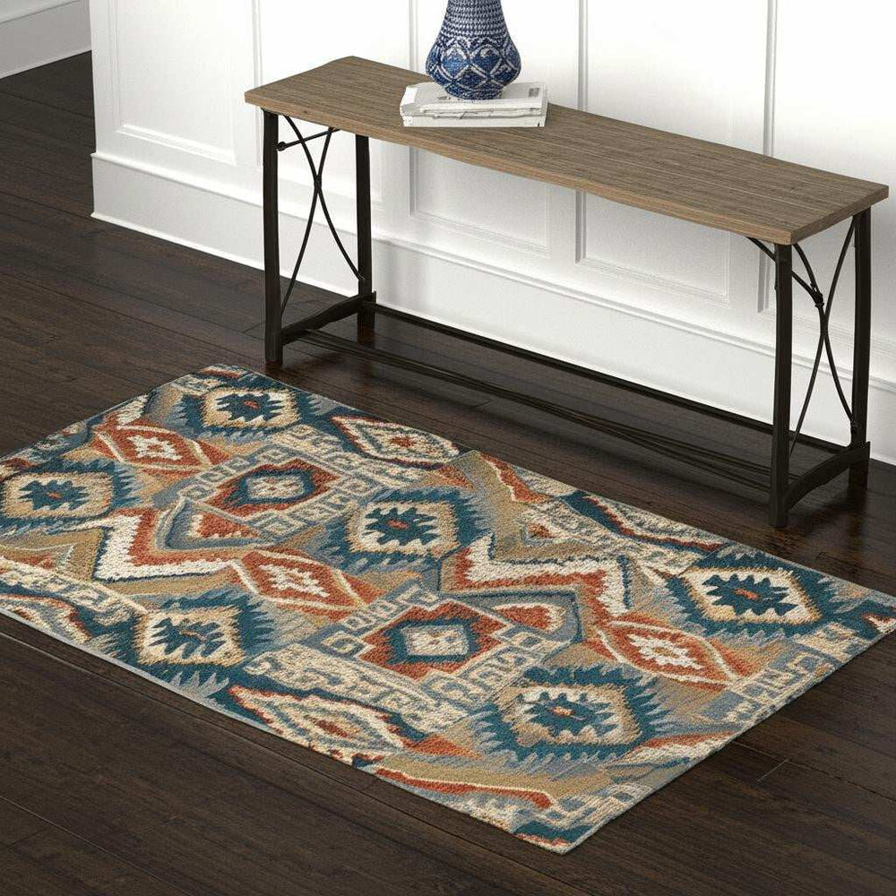 4' X 6' Blue Teal Grey Orange Gold Ivory And Rust Geometric Power Loom Stain Resistant Area Rug - Homeroots - Flyclothing LLC