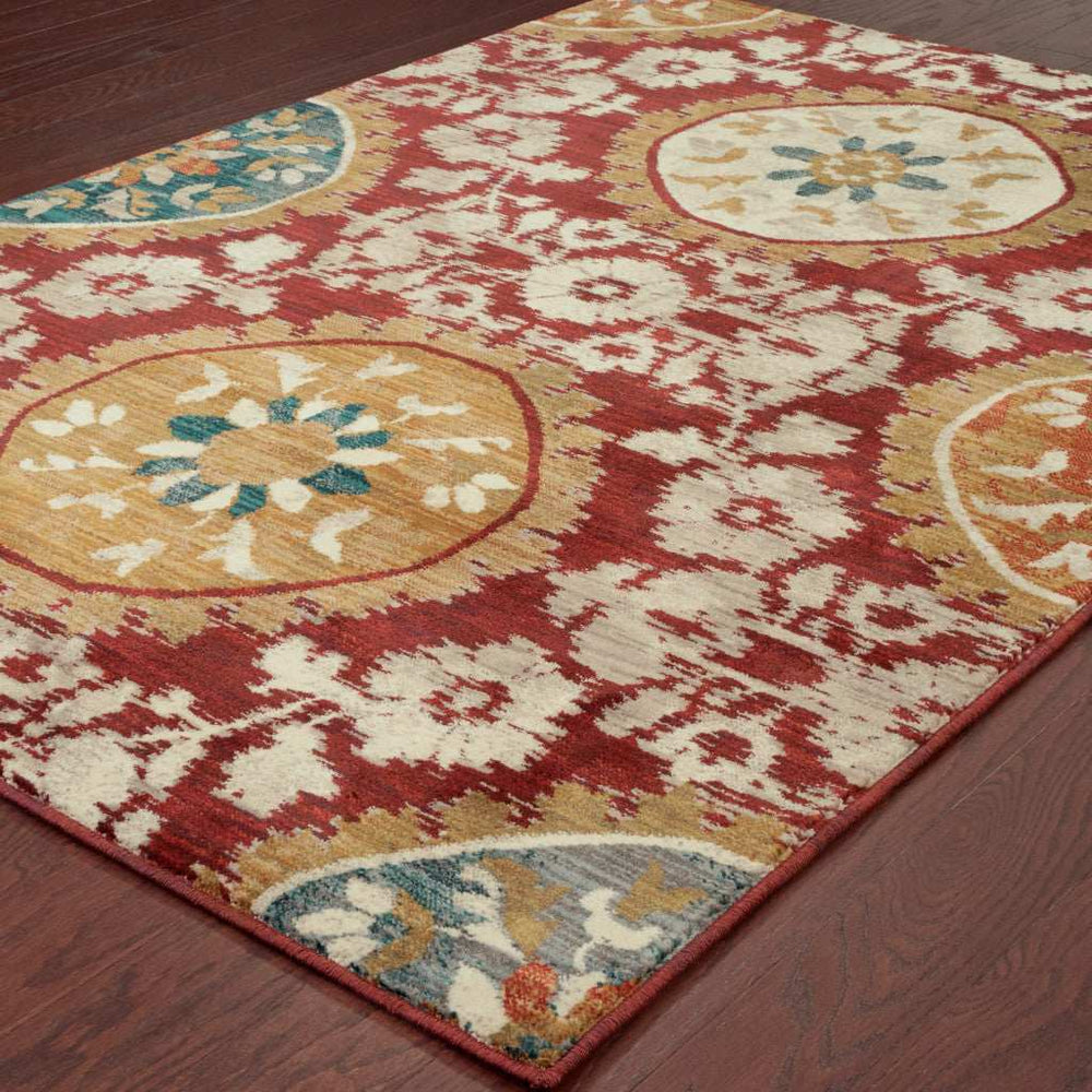 10' X 13' Red Gold Teal Grey Ivory And Blue Oriental Power Loom Stain Resistant Area Rug - Homeroots - Flyclothing LLC