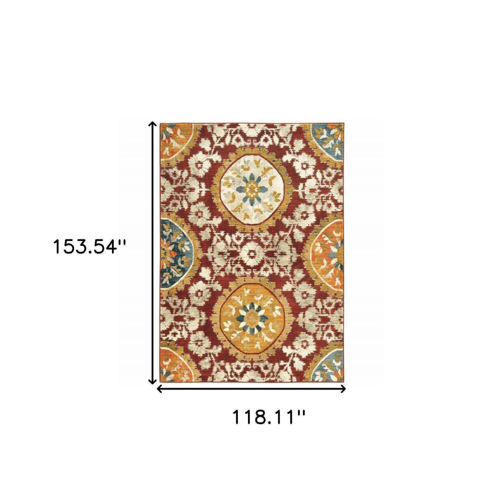 10' X 13' Red Gold Teal Grey Ivory And Blue Oriental Power Loom Stain Resistant Area Rug - Homeroots - Flyclothing LLC